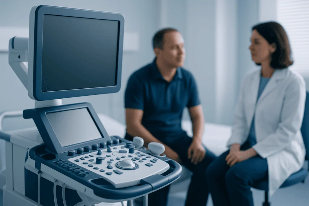Medical consultation with ultrasound equipment in a hospital setting.