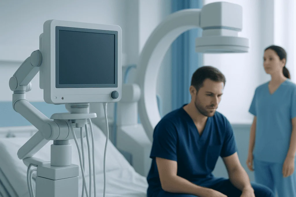 Medical professionals in a hospital room with advanced imaging equipment.