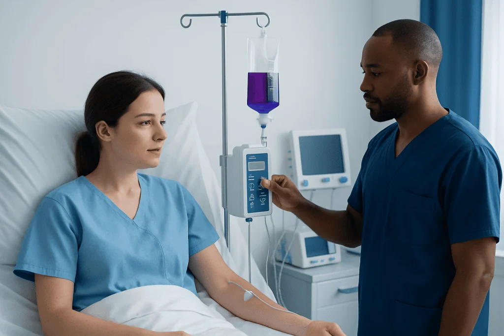 Medical professional administering IV therapy to patient in hospital room.