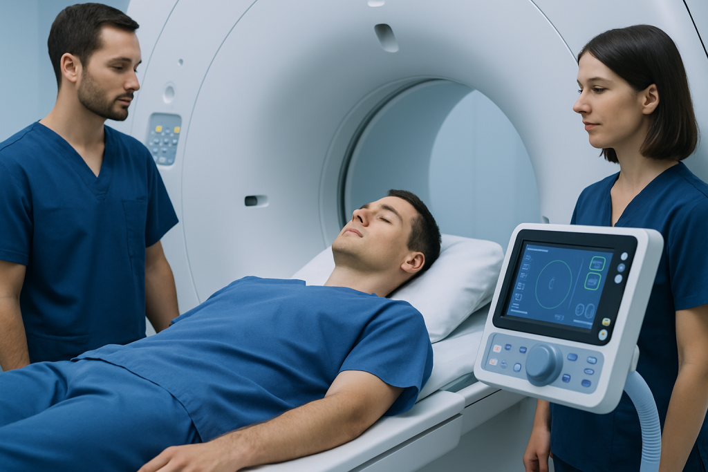 Patient undergoing MRI scan at Acibadem Hospital with medical staff present.