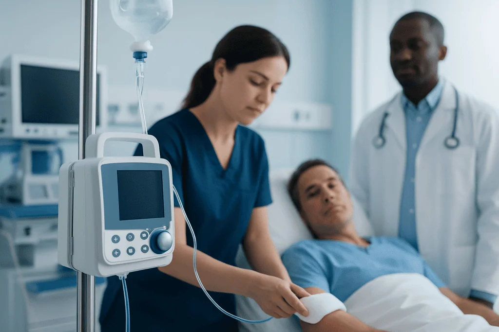 Medical team monitoring patient in hospital bed with IV drip.