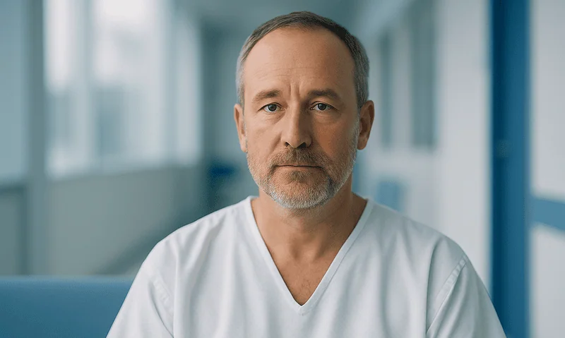 Male doctor in white coat in hospital corridor with natural light.