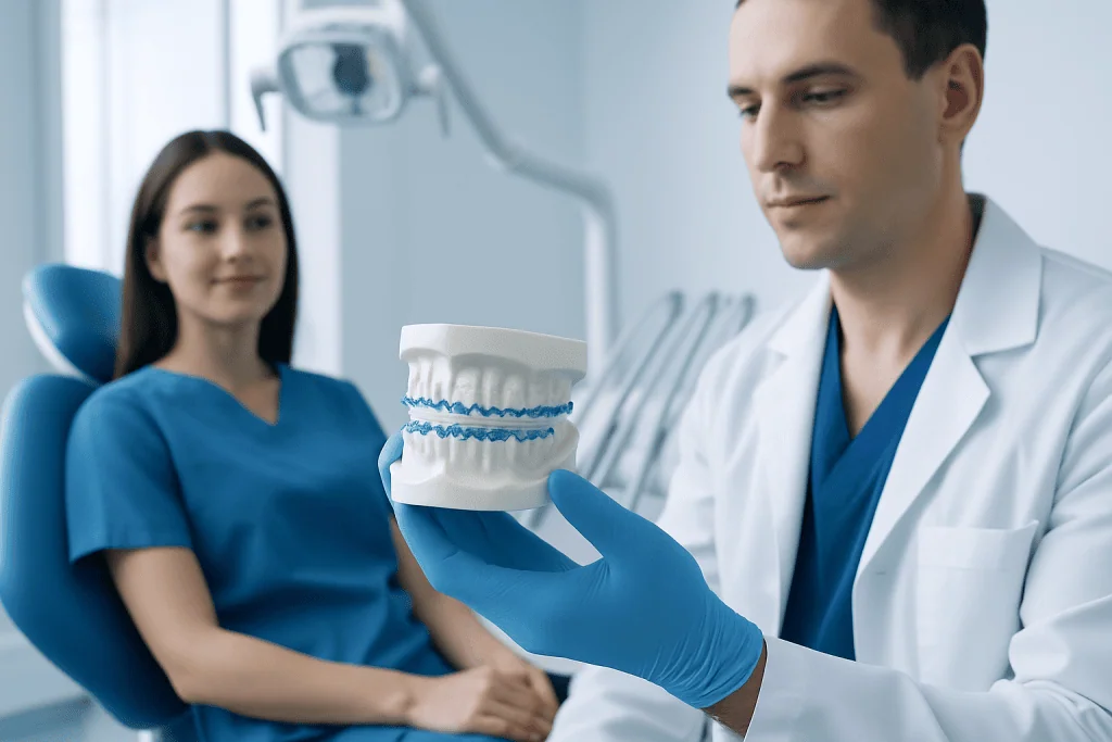 Dentist showing a dental model with braces to a patient in a clinic.