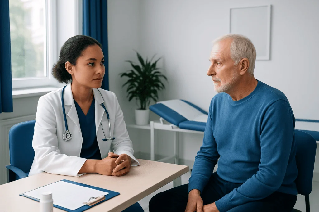 Doctor consulting with elderly patient in a medical office.