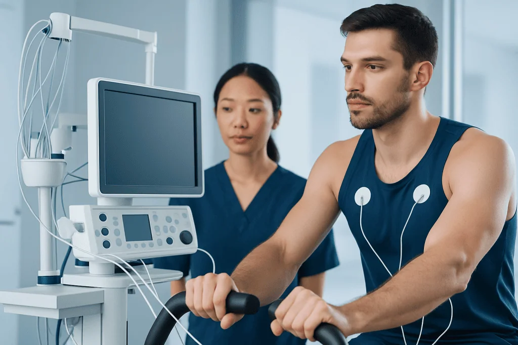 Medical professional monitoring a patient on exercise bike in hospital setting.