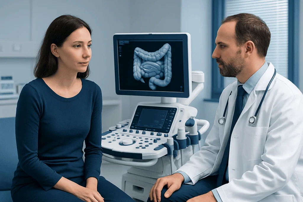 Doctor explaining colonoscopy results to a patient in a medical clinic.