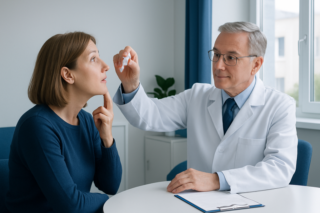 Doctor examining patient's eye in a clinical consultation setting.