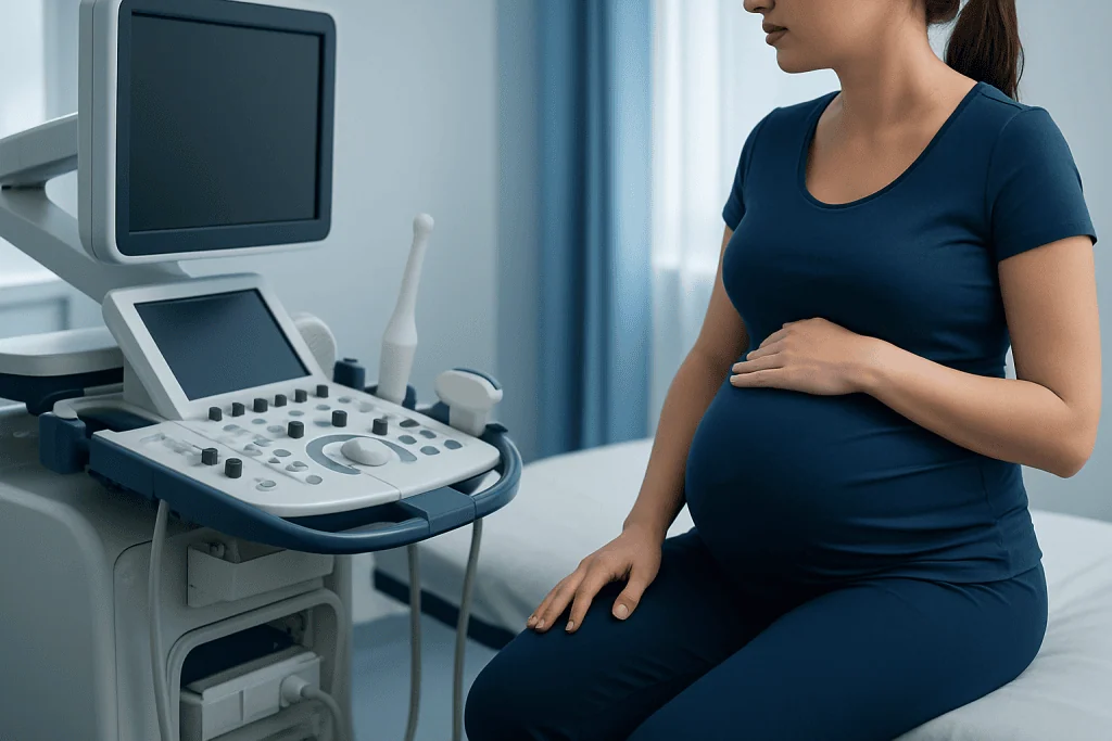 Pregnant woman undergoing an ultrasound examination in a medical clinic.
