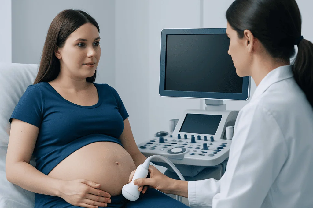 Pregnant woman undergoing ultrasound examination in a medical clinic.