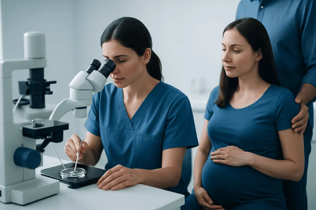 Medical professionals conducting fertility research with a microscope.