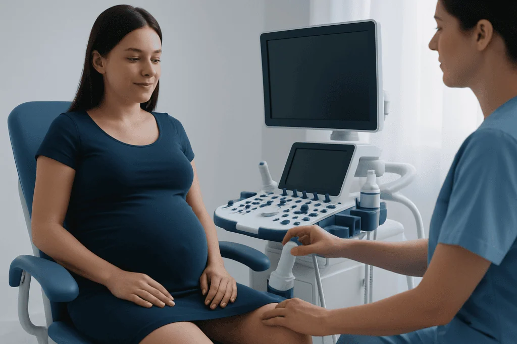 Pregnant woman at a medical check-up with healthcare professional.