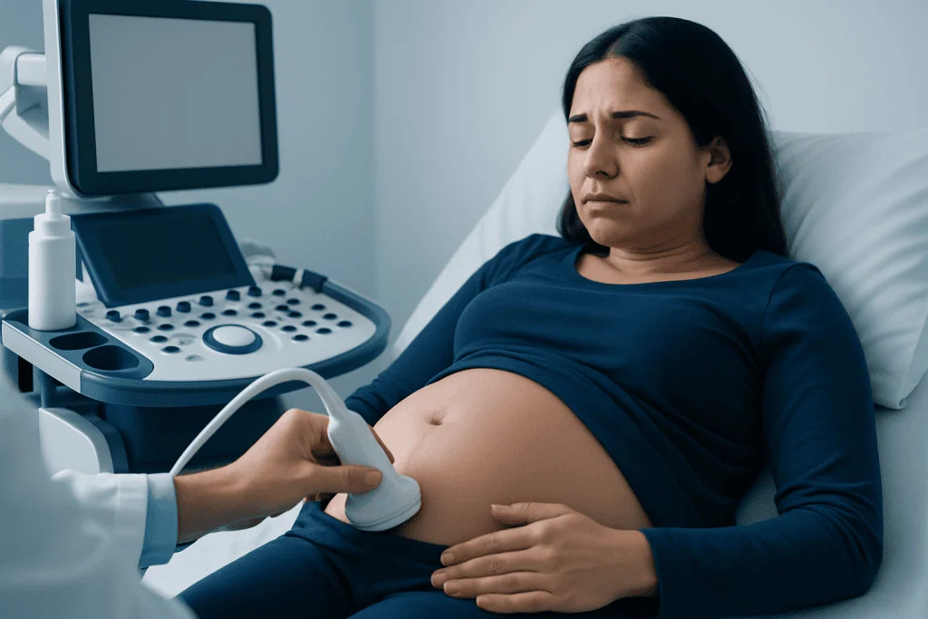 Pregnant woman undergoing ultrasound examination at hospital.