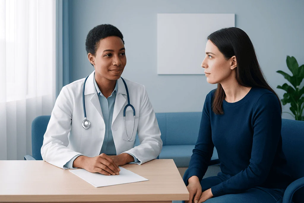 Doctor consulting with a patient in a modern medical office.