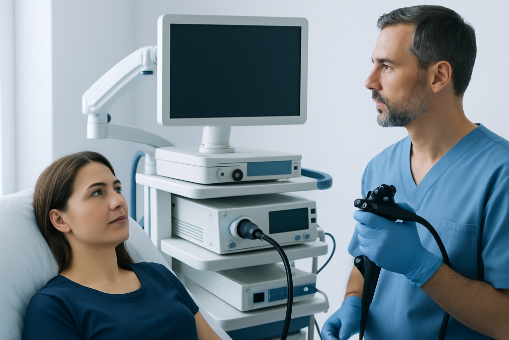 Doctor performing endoscopy on a patient in a hospital setting.
