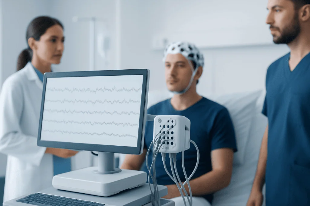 Patient undergoing EEG monitoring at Acibadem Hospital with medical staff present.