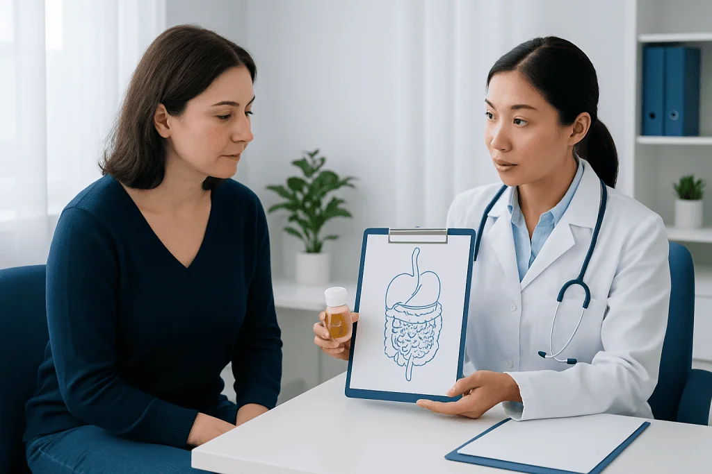 Doctor explaining digestive health to patient with diagram of intestines.