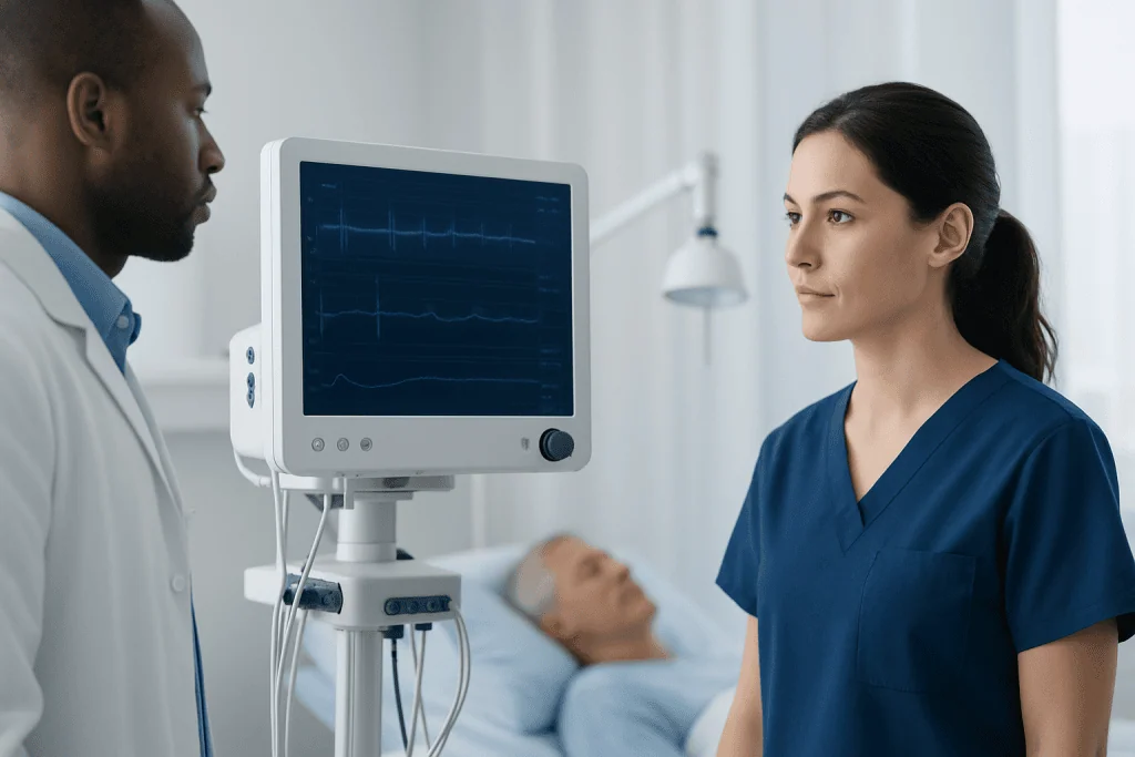 Medical professionals monitor patient with heart monitor in hospital.
