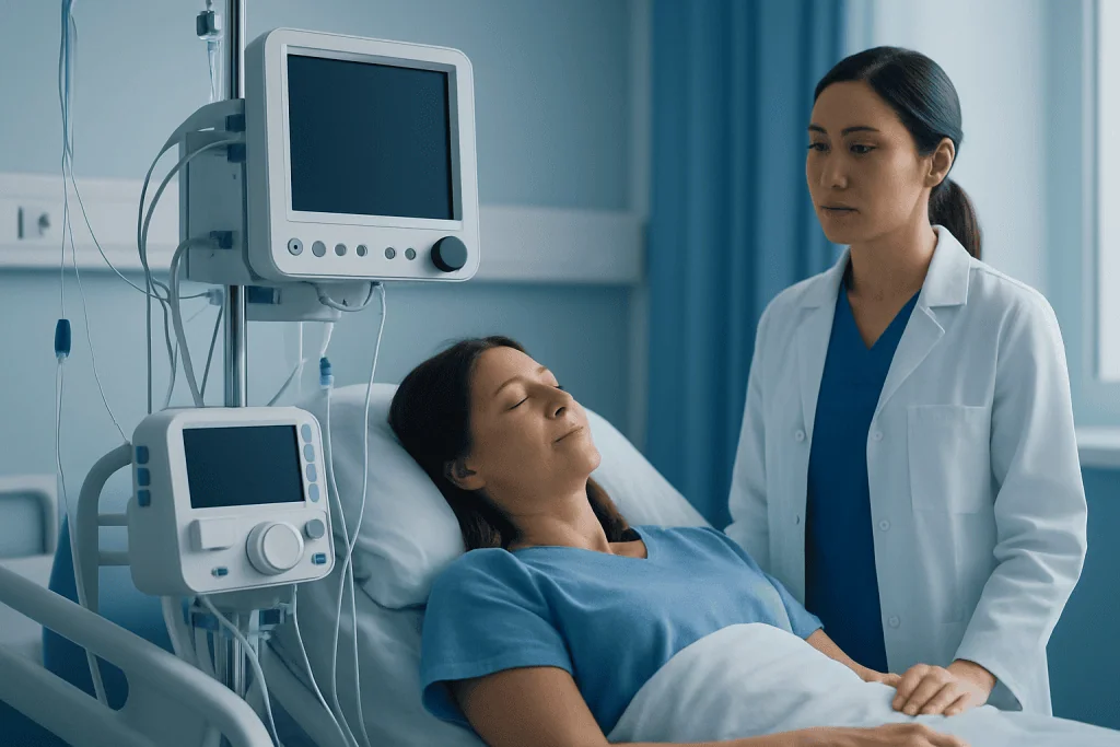 Hospital patient receiving care from a nurse in a modern medical room.