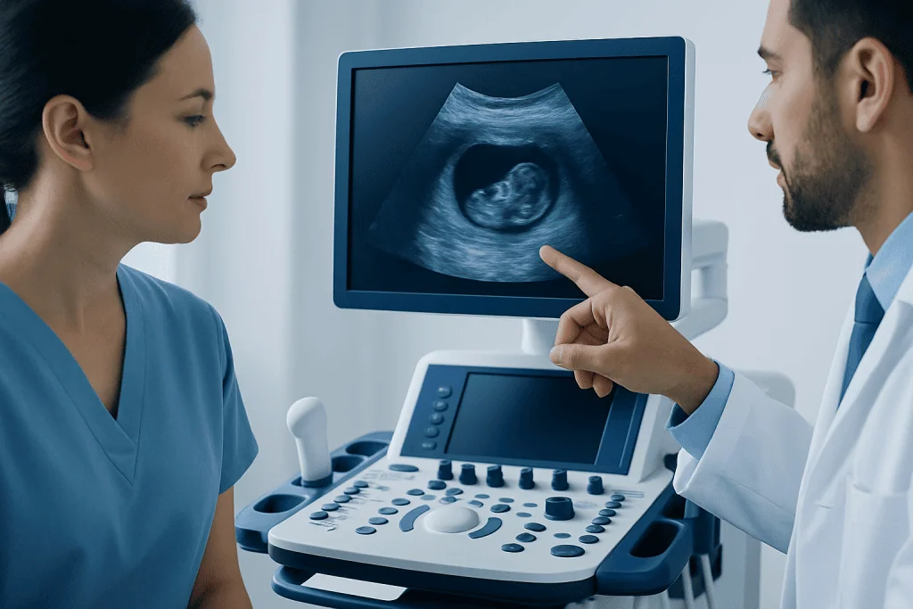 Doctor explaining ultrasound scan to a patient in a medical setting.