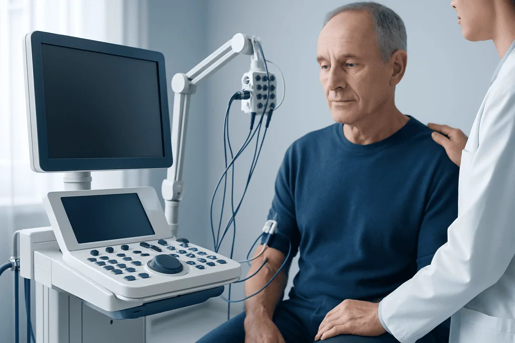 Doctor performs nerve conduction test on patient in hospital setting.