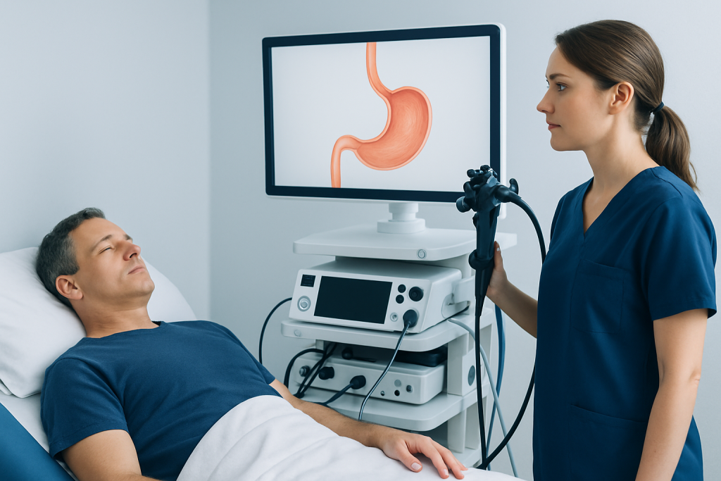Gastroenterologist explains stomach scan to patient in hospital.