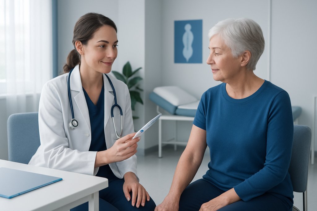 Doctor consulting with elderly patient in a medical office.
