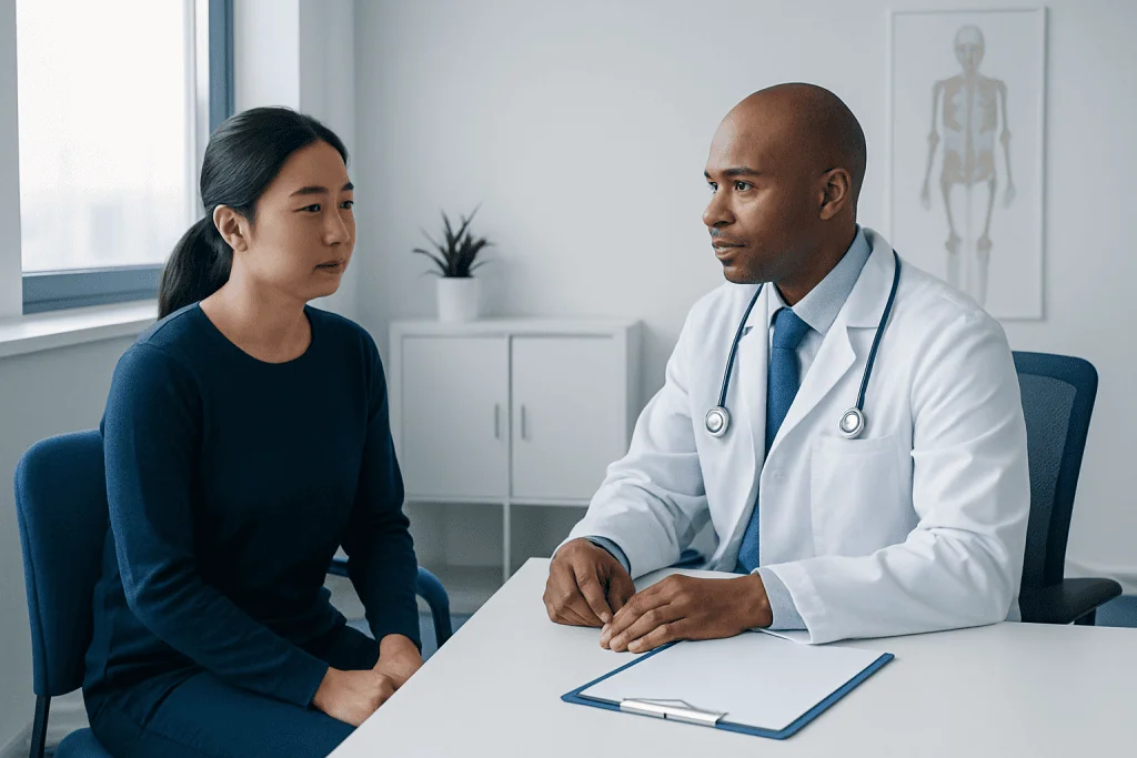 Doctor consulting with a female patient in a modern hospital office.