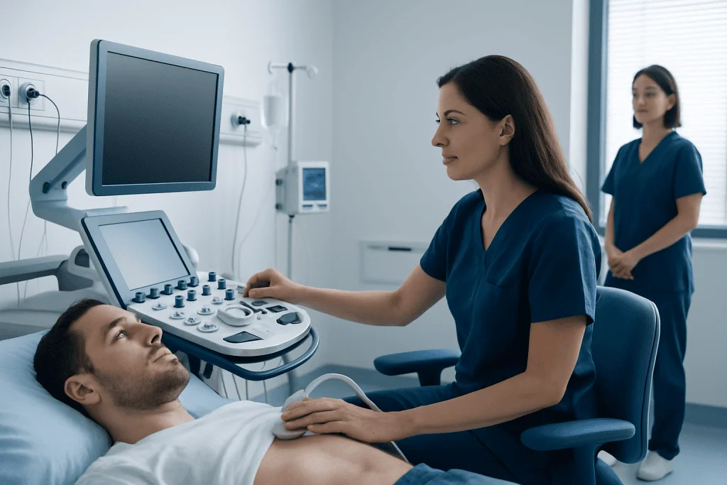 Medical professionals perform ultrasound examination on patient in hospital.