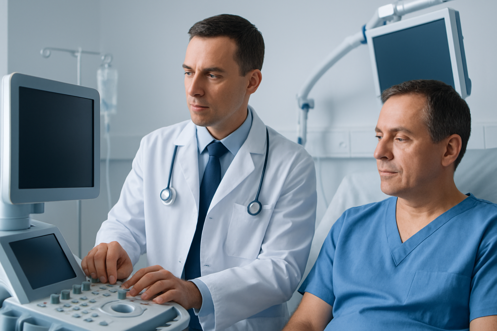 Doctor and patient in a medical consultation with ultrasound equipment.