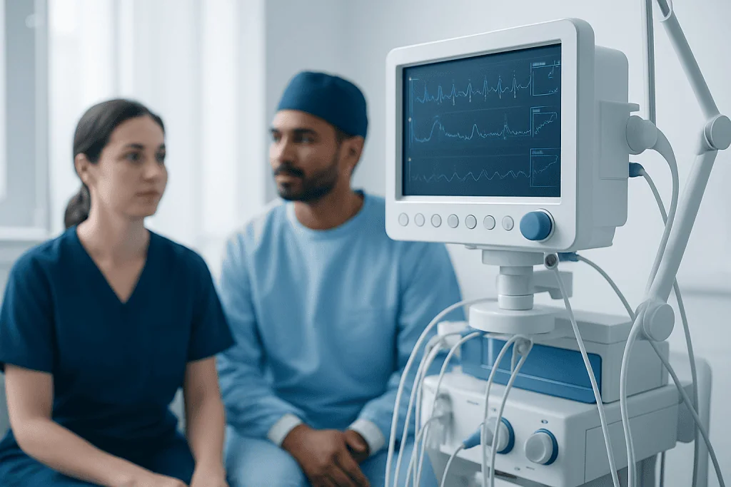 Medical professionals monitoring patient with ECG in hospital setting.