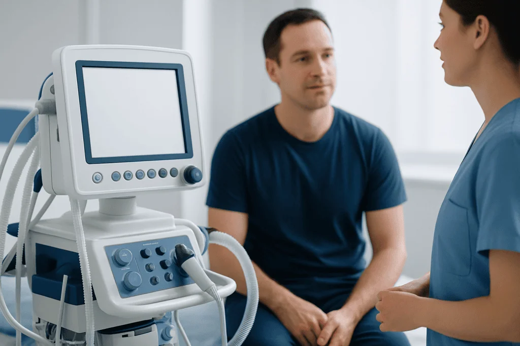 Medical consultation with ultrasound device at Acibadem Hospital.