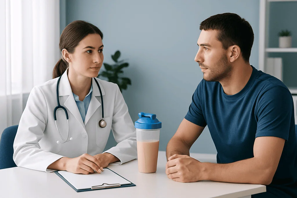 Doctor consulting with patient about health and nutrition in a clinic setting.