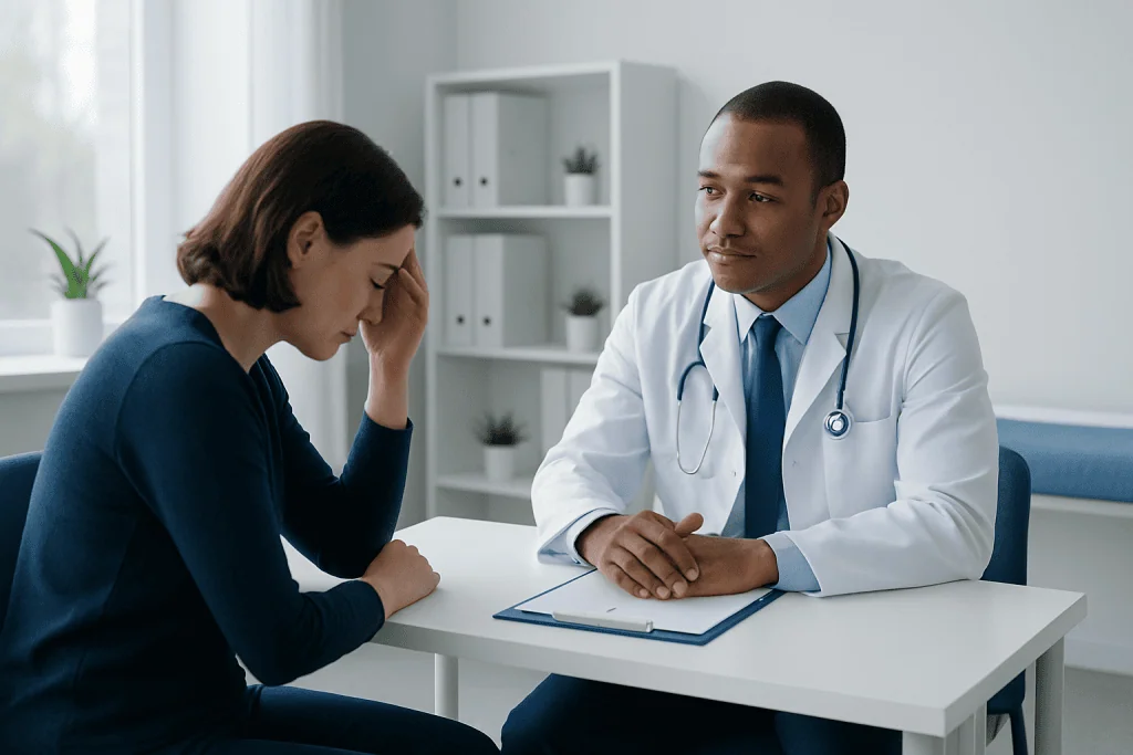 Doctor consulting with a patient in a modern medical office.