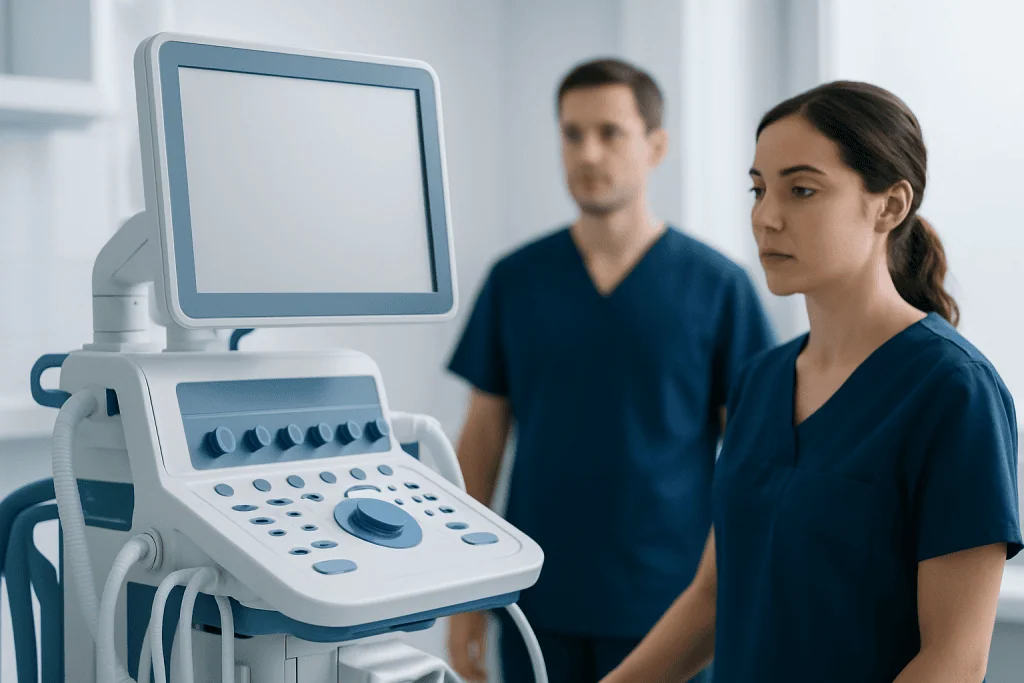 Medical professionals using ultrasound machine in hospital setting.