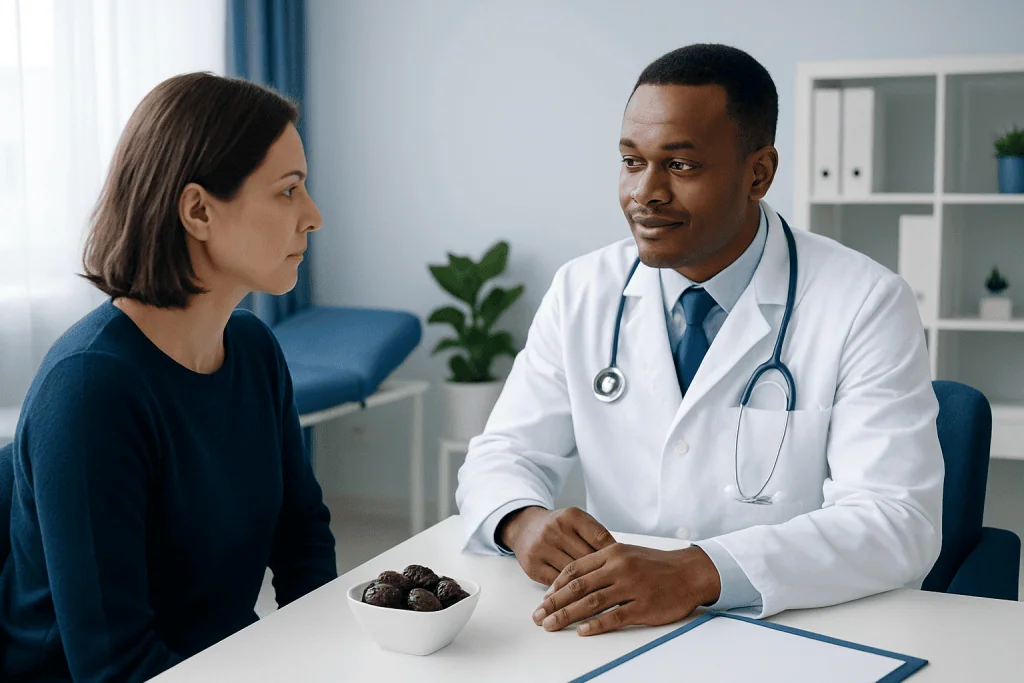 Doctor consulting with a female patient in a modern clinic setting.
