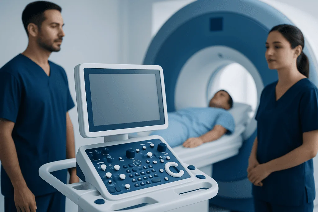 Medical professionals preparing for an MRI scan in a hospital setting.