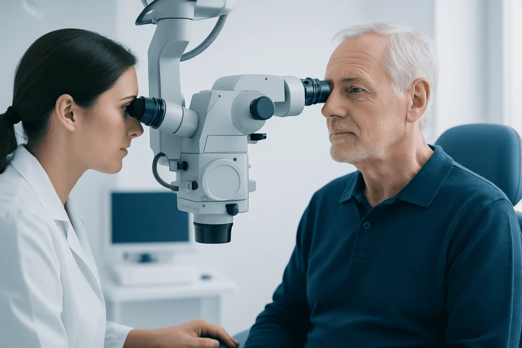 Ophthalmologist examining an elderly patient's eye with a slit lamp.