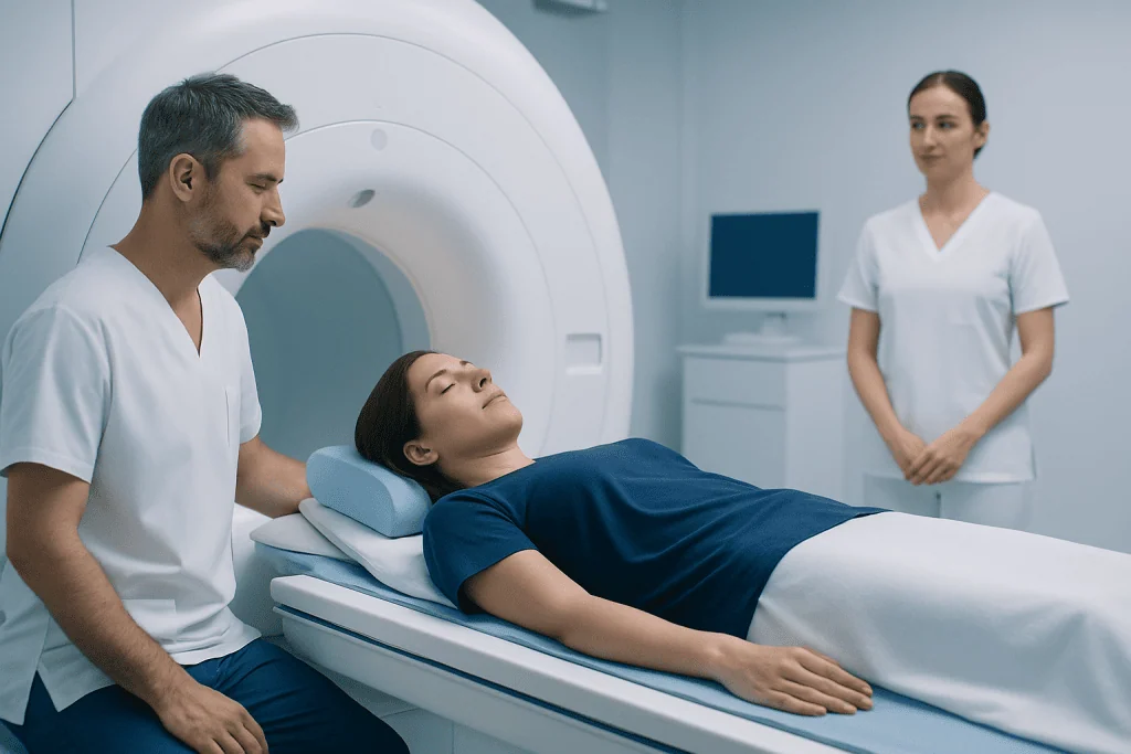 Patient undergoing MRI scan at Acibadem Hospital with medical staff present.
