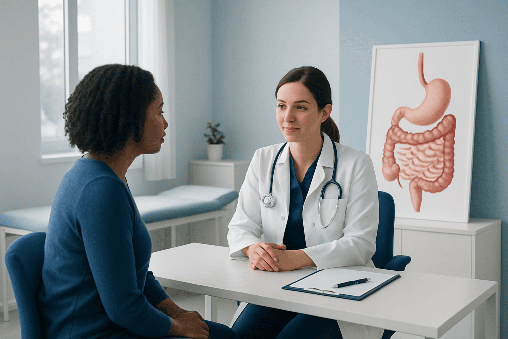 Doctor consulting patient in a medical office with digestive system diagram.