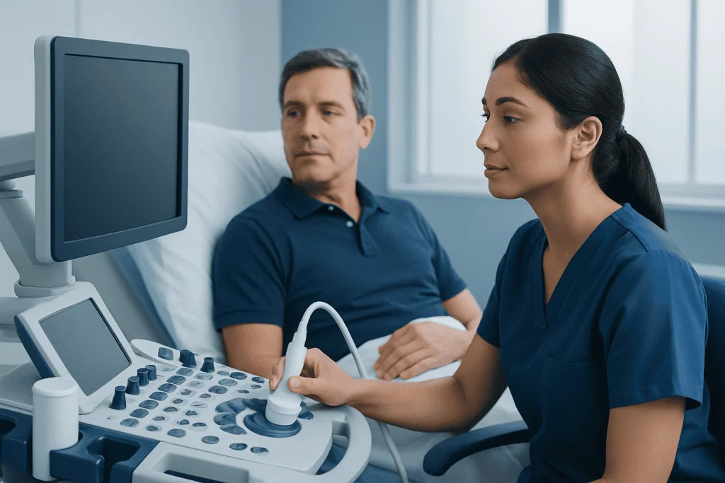 Medical professional performing an ultrasound examination on a patient in a hospital room.