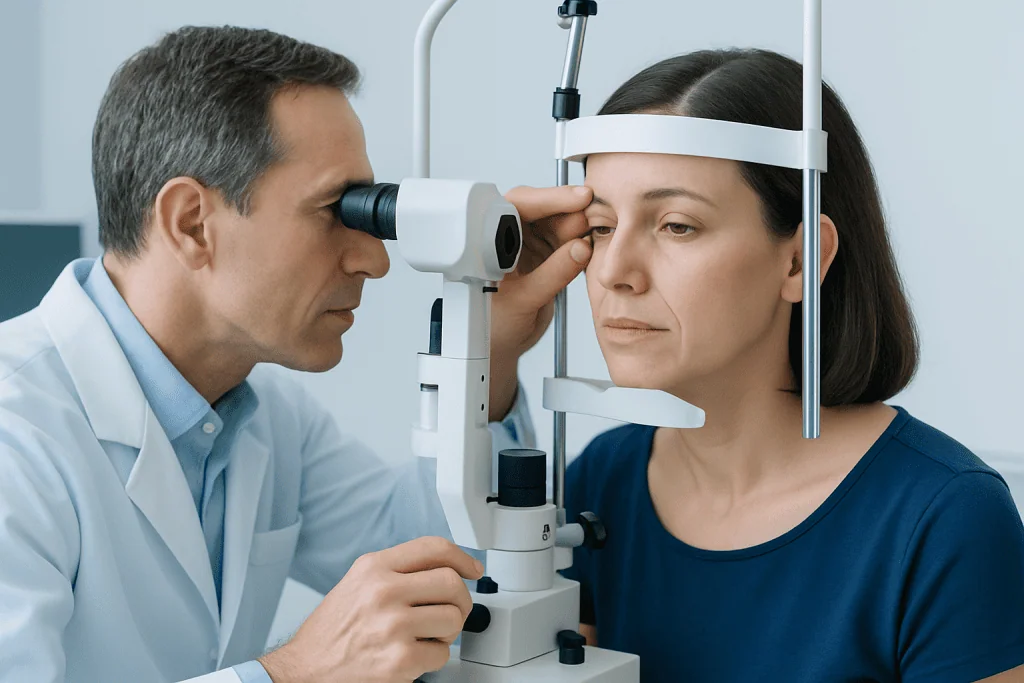 Ophthalmologist examining a woman's eye with a slit lamp.