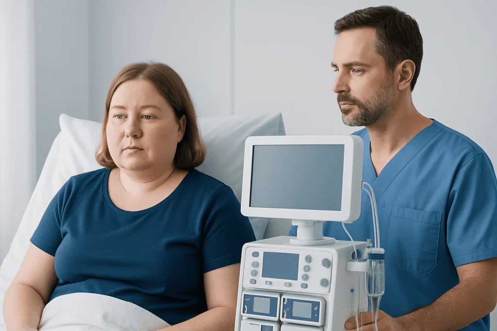 Patient undergoing facial assessment with medical equipment at Acibadem Hospital.
