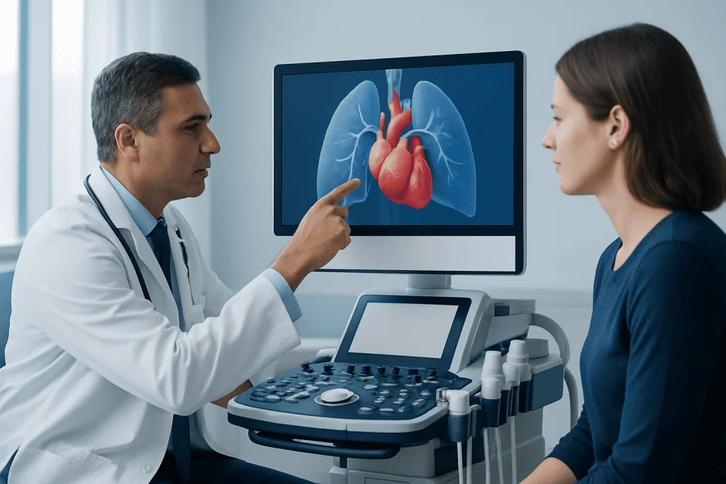 Doctor explaining heart and lung diagram on ultrasound monitor to patient.