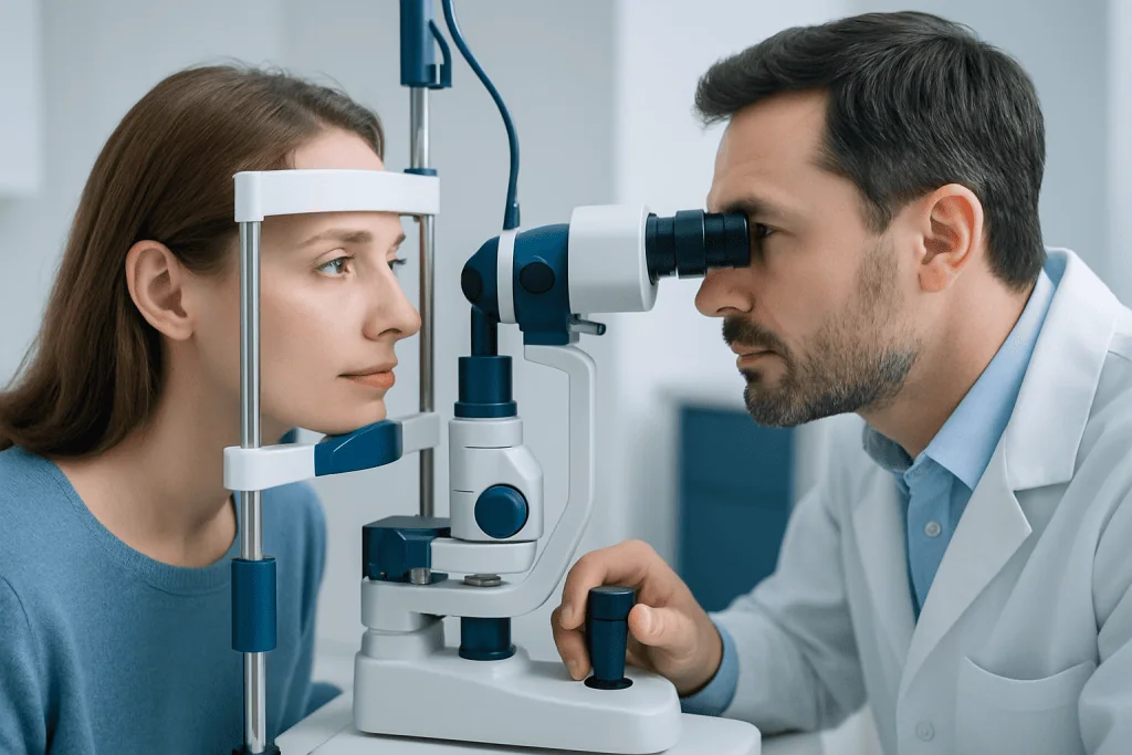 Ophthalmologist examining patient's eye with slit lamp in clinic.