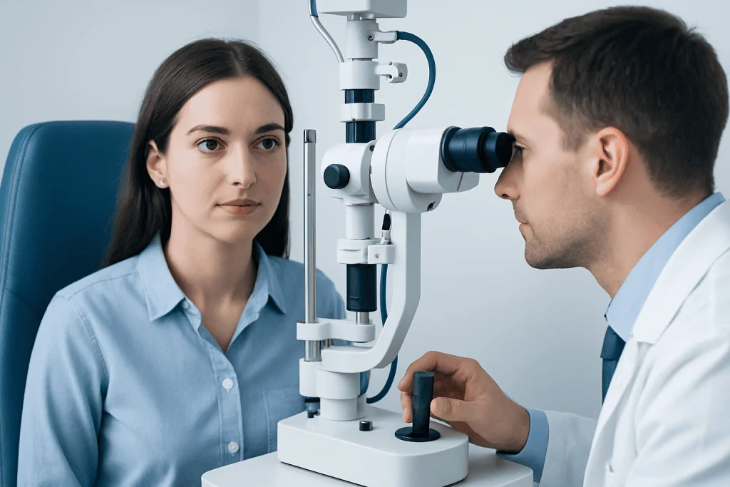 Optometrist examines patient's eyes with slit lamp in clinic setting.