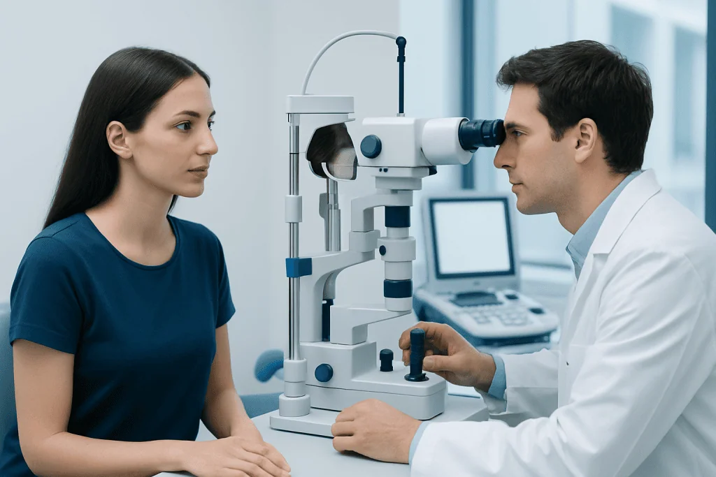 Optometrist examines patient's eyes with slit lamp in clinic.