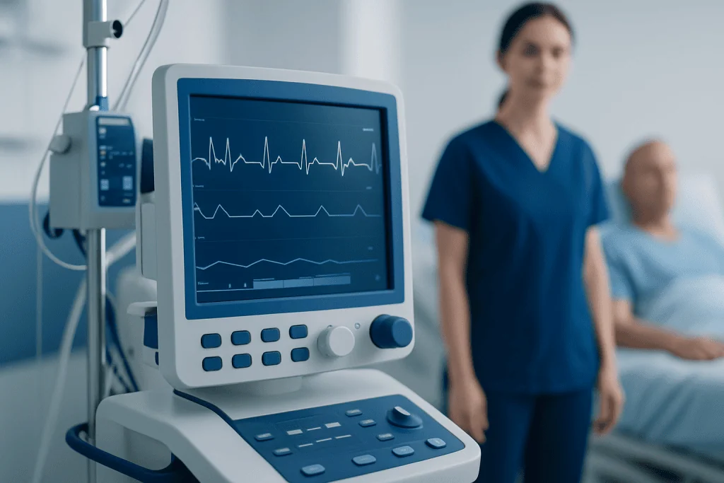 Medical monitor displaying heart rate data in a hospital setting.