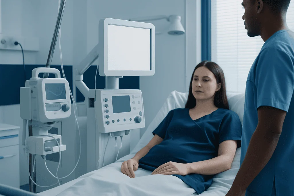Patient in hospital bed with medical monitors and healthcare professional nearby.