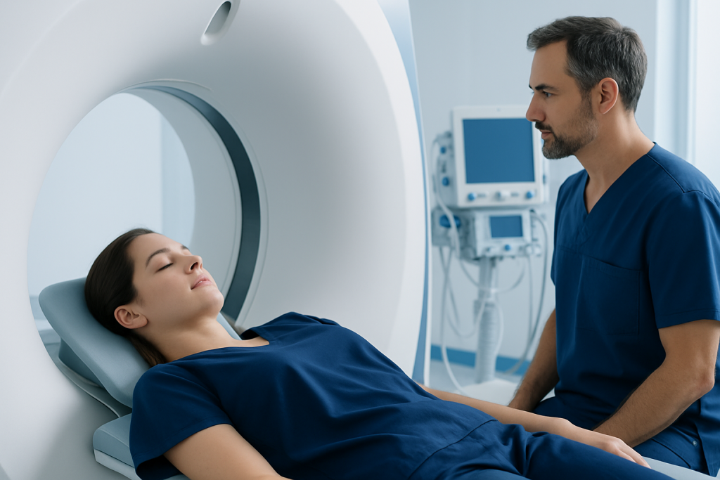 Patient undergoing MRI scan at Acibadem Hospital for medical diagnosis.