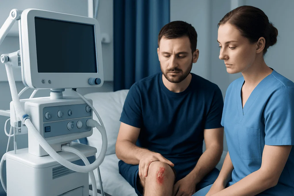 Patient with knee wound consulting with healthcare professional in hospital.